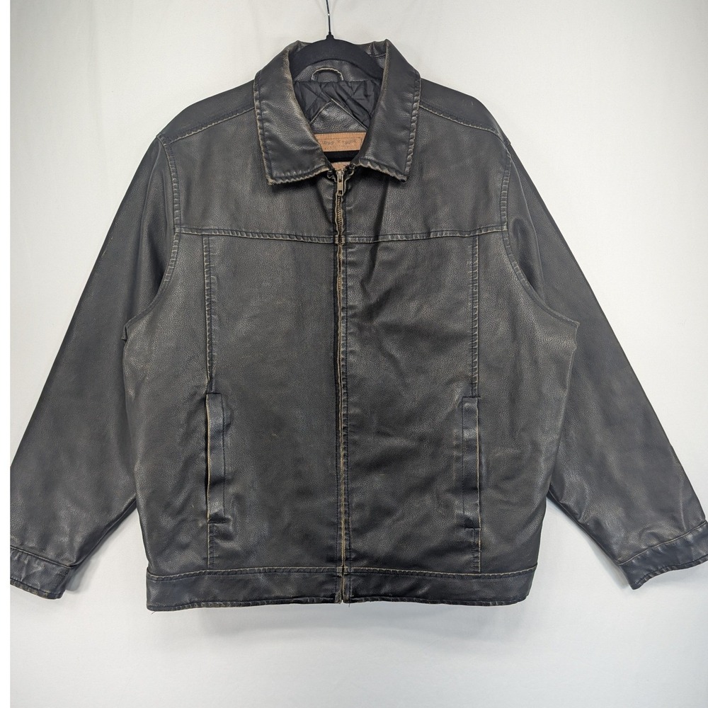 Arizona Jean Company Mens XL Faux Leather Jacket Distressed Black Zip Bomber
